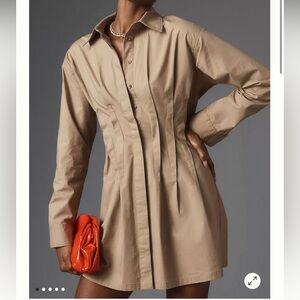 PILCRO anthropologie Khaki Button Front Long Sleeve Pintuck Mini Shirt Dress L